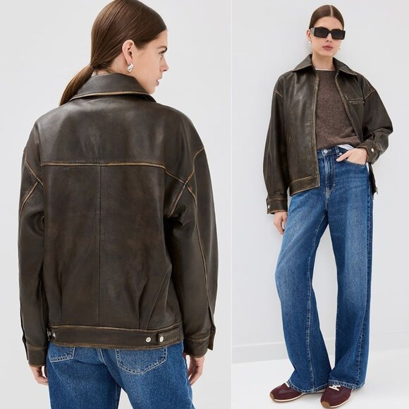 Reformation‎ Veda Marco Pitstop Brown Leather Oversized Bomber Jacket Size XL - Picture 2 of 16